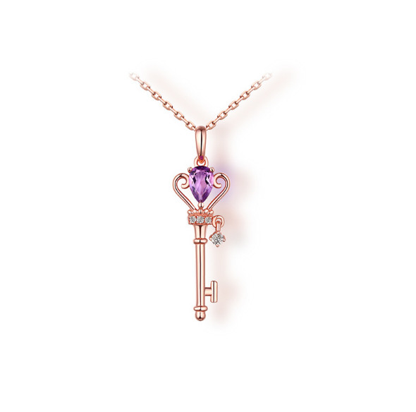 Key-Shaped Amethyst 925 Sterling Silver Necklace with Rose Gold Plating